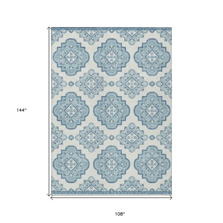 9' X 12' Teal Blue And Ivory Medallion Washable Indoor Outdoor Area Rug