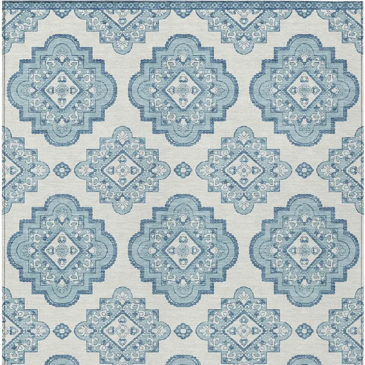 10' X 14' Teal Blue And Ivory Medallion Washable Indoor Outdoor Area Rug