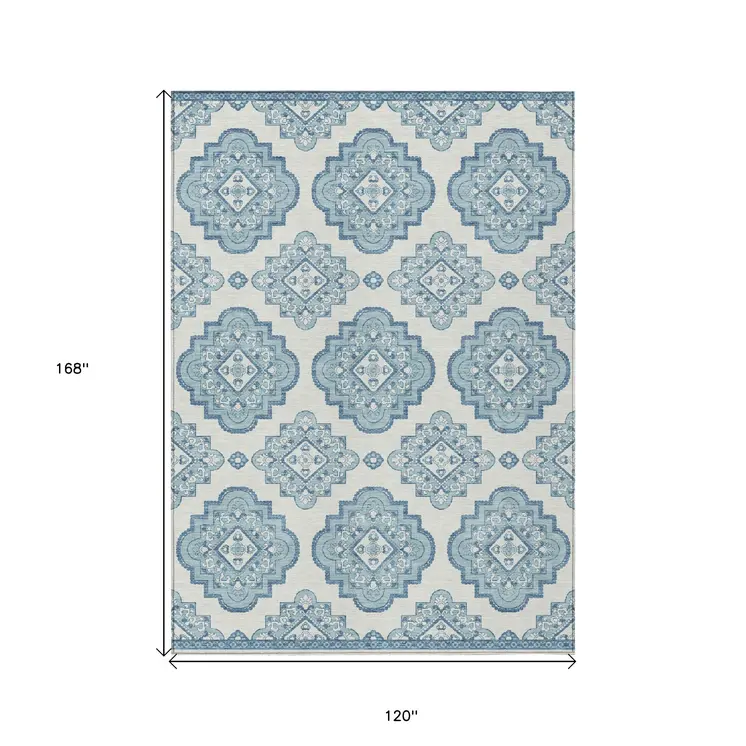 10' X 14' Teal Blue And Ivory Medallion Washable Indoor Outdoor Area Rug