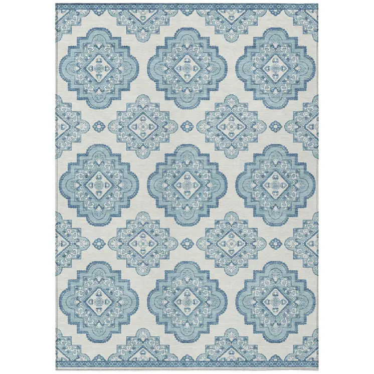 10' X 14' Teal Blue And Ivory Medallion Washable Indoor Outdoor Area Rug