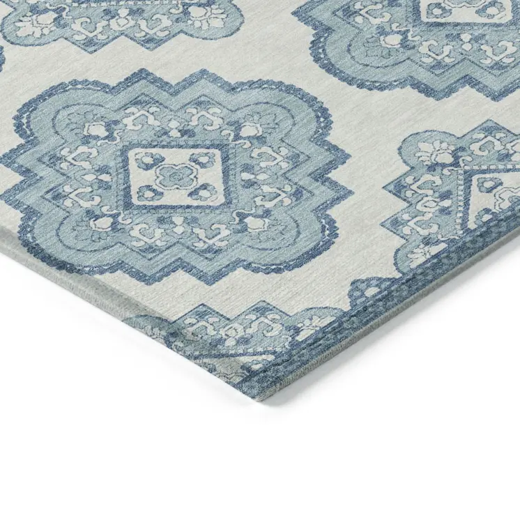 10' X 14' Teal Blue And Ivory Medallion Washable Indoor Outdoor Area Rug