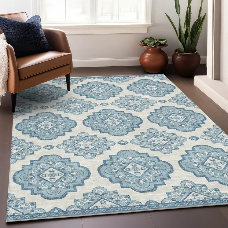 10' X 14' Teal Blue And Ivory Medallion Washable Indoor Outdoor Area Rug
