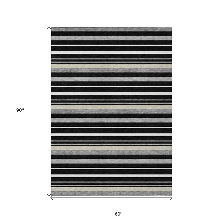 5' X 8' Black Ivory And Gray Striped Washable Indoor Outdoor Area Rug