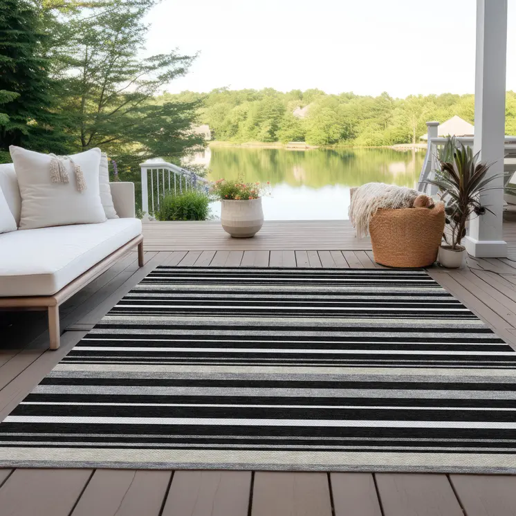 5' X 8' Black Ivory And Gray Striped Washable Indoor Outdoor Area Rug