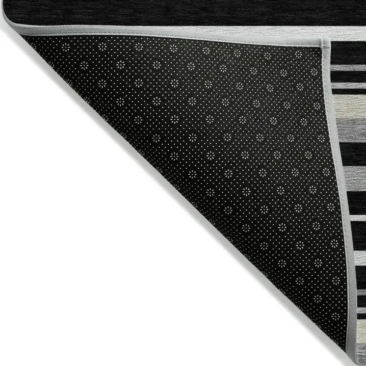 5' X 8' Black Ivory And Gray Striped Washable Indoor Outdoor Area Rug