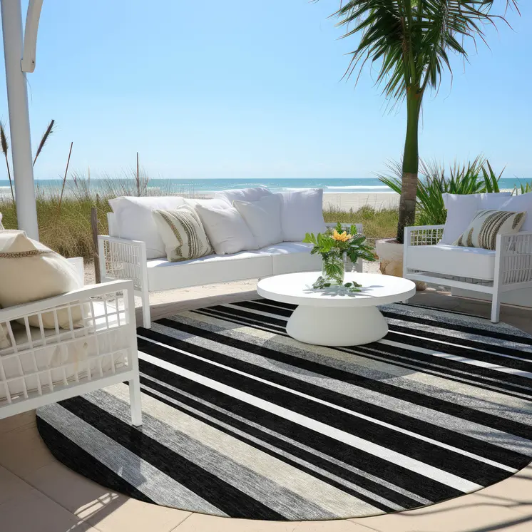 8' Black Ivory And Gray Round Striped Washable Indoor Outdoor Area Rug