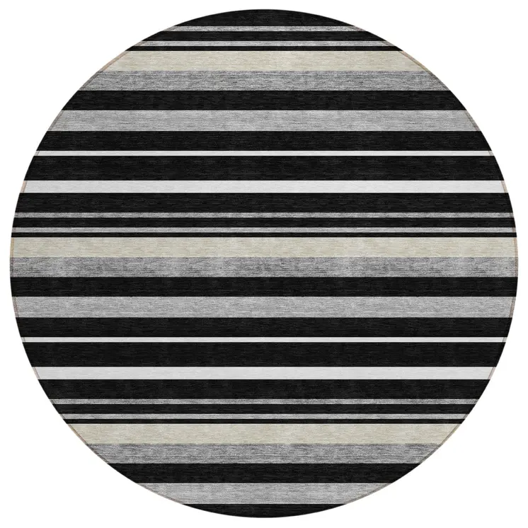 8' Black Ivory And Gray Round Striped Washable Indoor Outdoor Area Rug