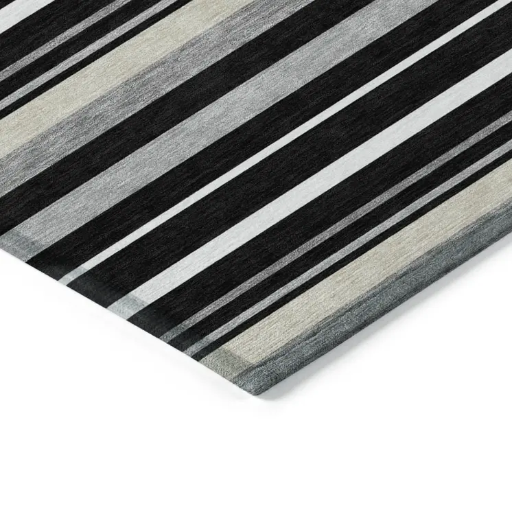 8' Black Ivory And Gray Round Striped Washable Indoor Outdoor Area Rug