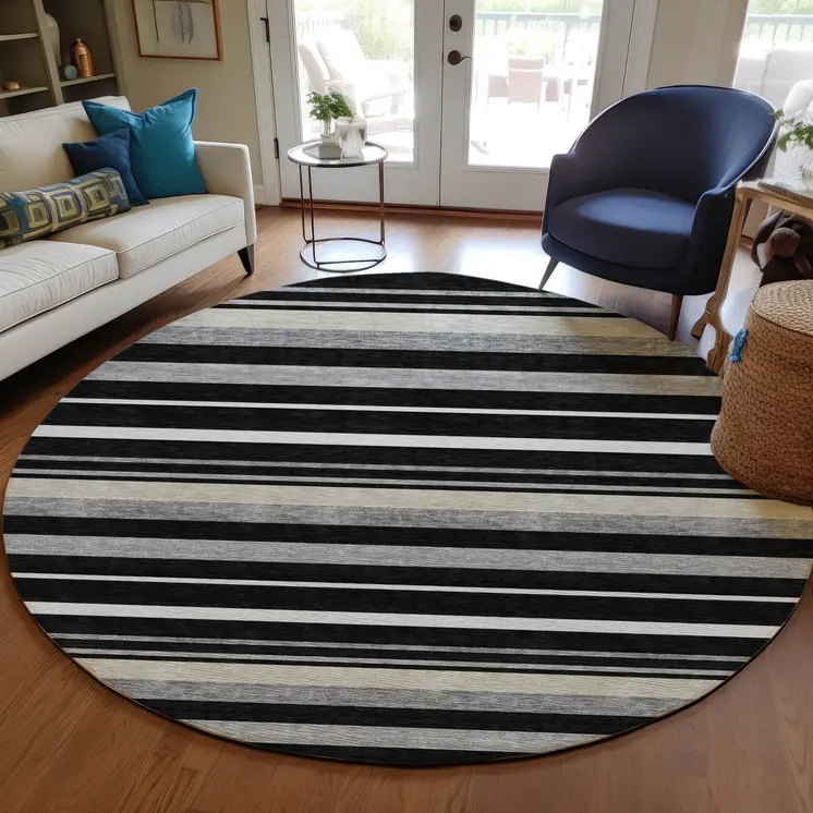 8' Black Ivory And Gray Round Striped Washable Indoor Outdoor Area Rug
