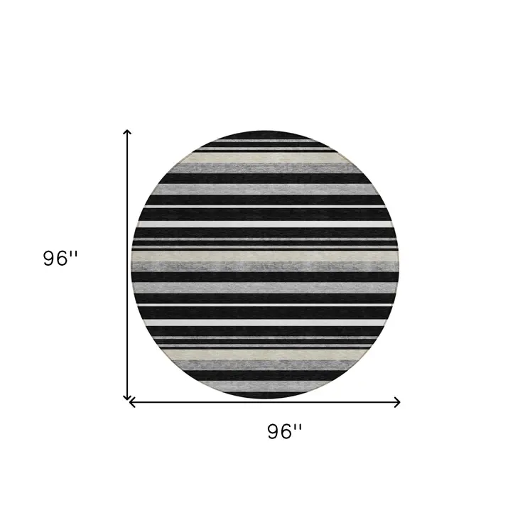 8' Black Ivory And Gray Round Striped Washable Indoor Outdoor Area Rug