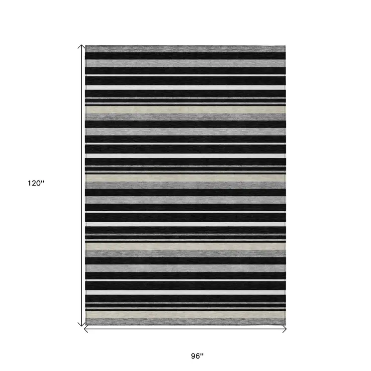 8' X 10' Black Ivory And Gray Striped Washable Indoor Outdoor Area Rug