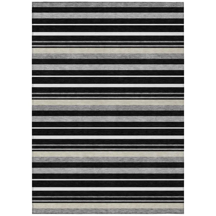 8' X 10' Black Ivory And Gray Striped Washable Indoor Outdoor Area Rug