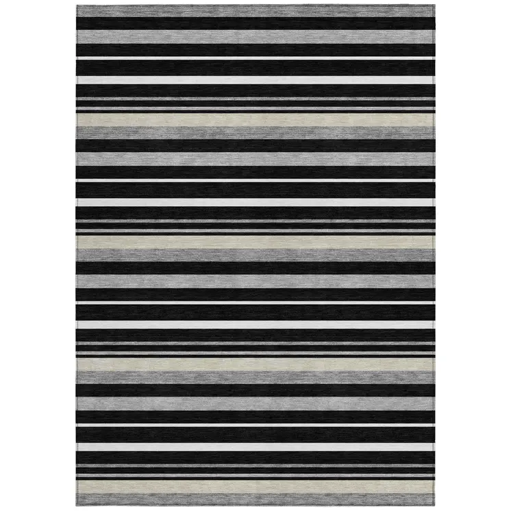 10' X 14' Black Ivory And Gray Striped Washable Indoor Outdoor Area Rug