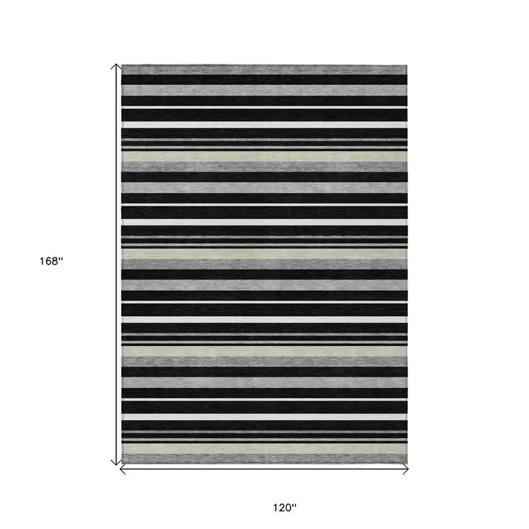 10' X 14' Black Ivory And Gray Striped Washable Indoor Outdoor Area Rug
