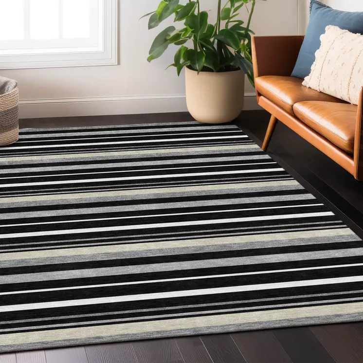 10' X 14' Black Ivory And Gray Striped Washable Indoor Outdoor Area Rug
