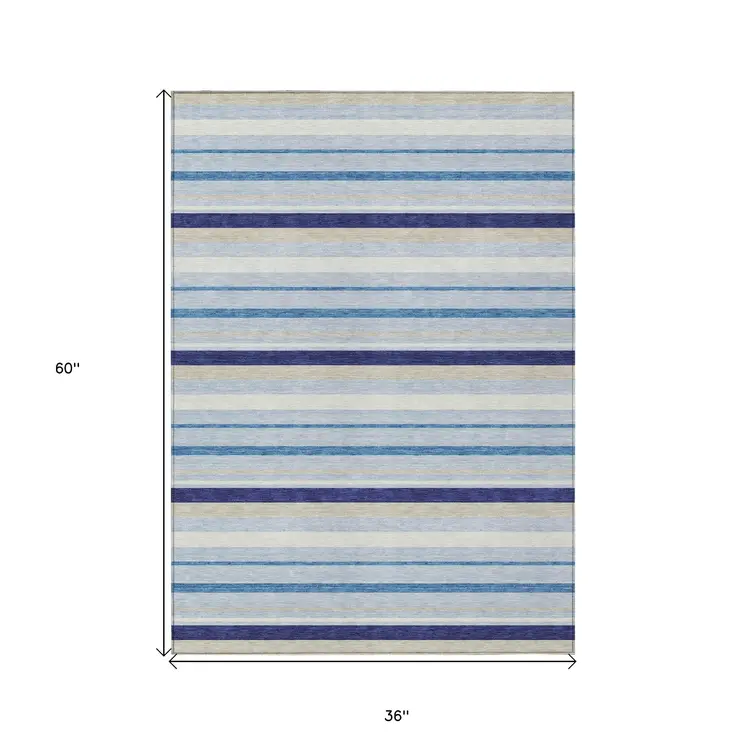 3' X 5' Blue Purple And Gray Striped Washable Indoor Outdoor Area Rug