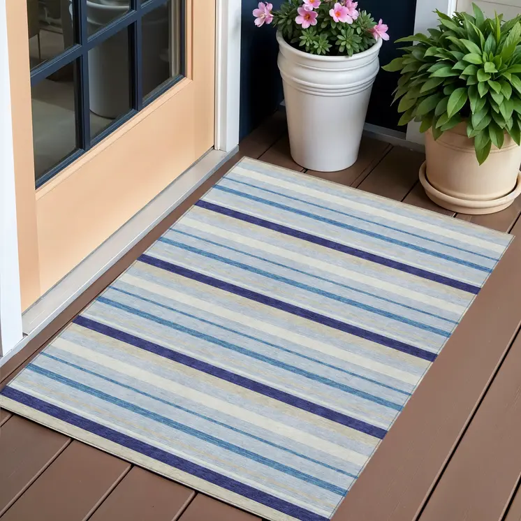 3' X 5' Blue Purple And Gray Striped Washable Indoor Outdoor Area Rug