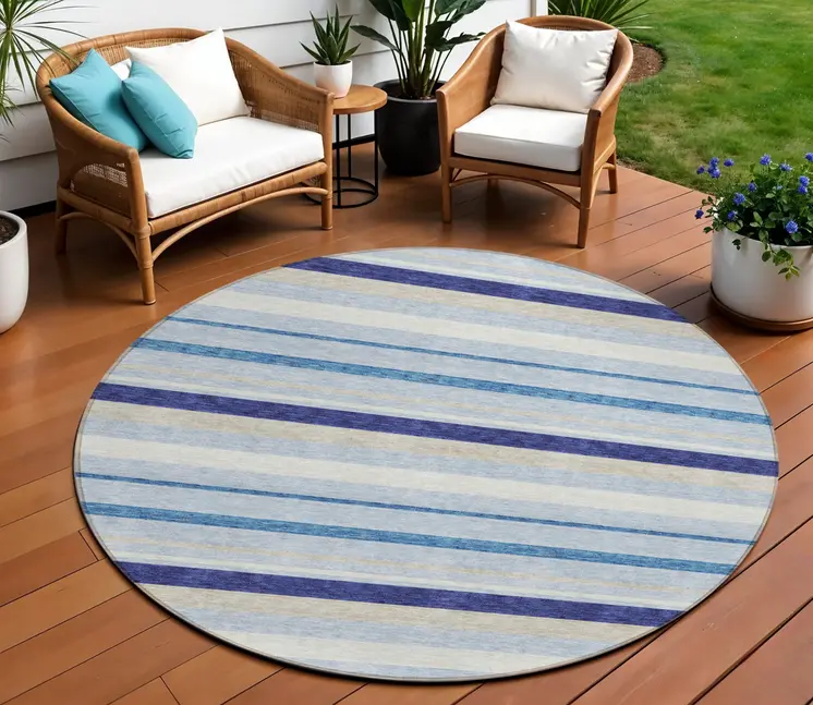 8' Blue Purple And Gray Round Striped Washable Indoor Outdoor Area Rug