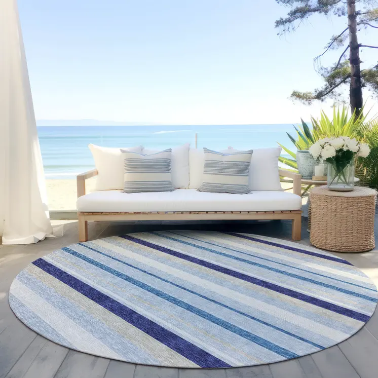 8' Blue Purple And Gray Round Striped Washable Indoor Outdoor Area Rug