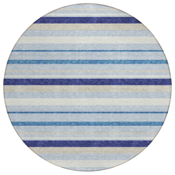 8' Blue Purple And Gray Round Striped Washable Indoor Outdoor Area Rug