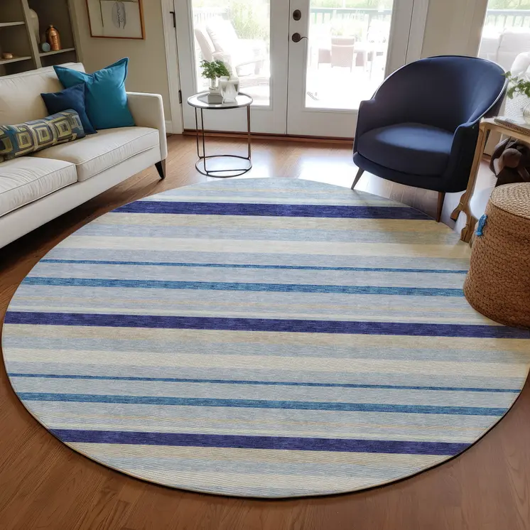 8' Blue Purple And Gray Round Striped Washable Indoor Outdoor Area Rug