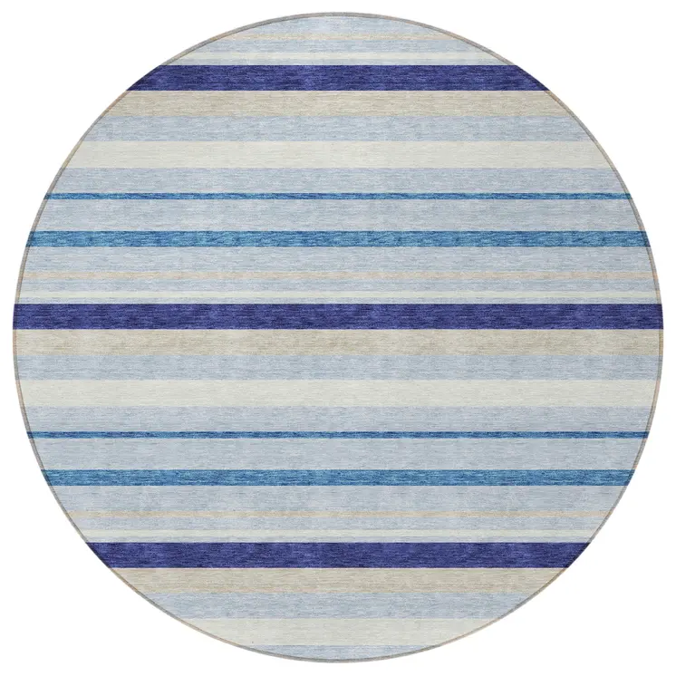 8' Blue Purple And Gray Round Striped Washable Indoor Outdoor Area Rug