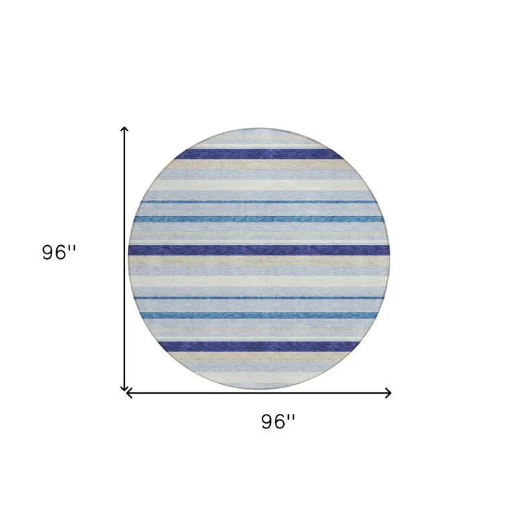 8' Blue Purple And Gray Round Striped Washable Indoor Outdoor Area Rug
