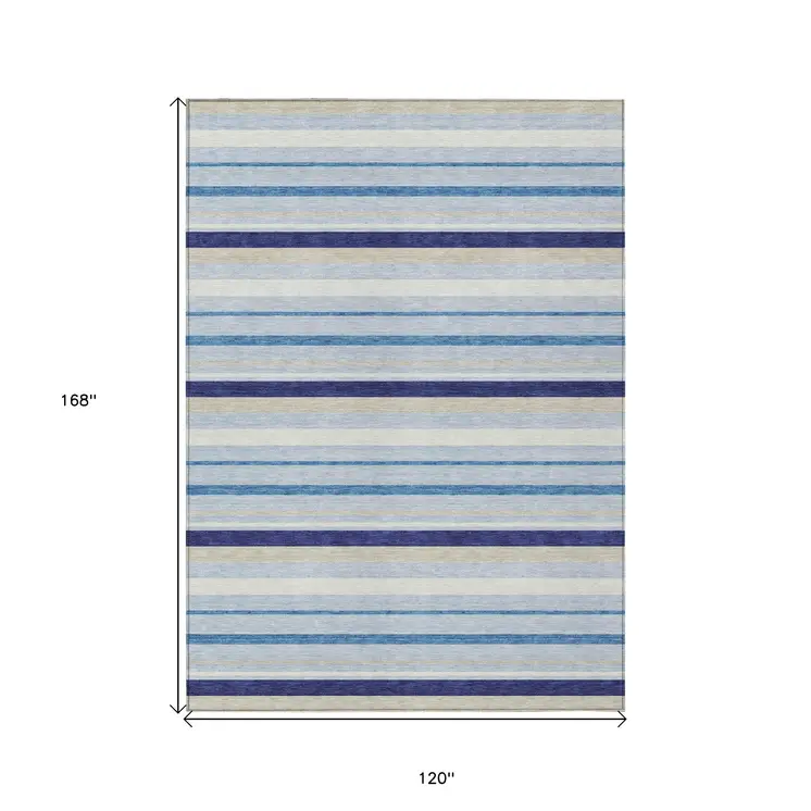 10' X 14' Blue Purple And Gray Striped Washable Indoor Outdoor Area Rug