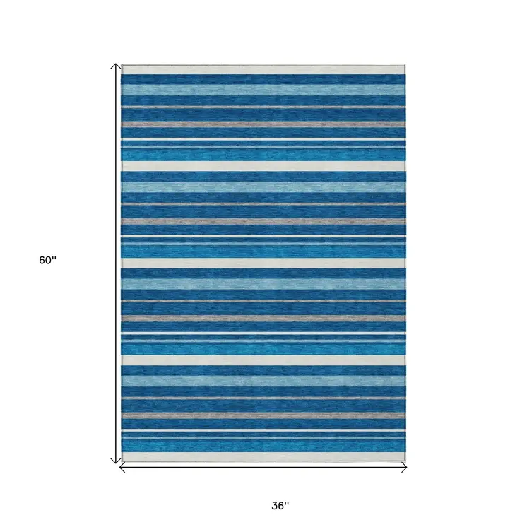 3' X 5' Denim Blue Gray And Ivory Striped Washable Indoor Outdoor Area Rug