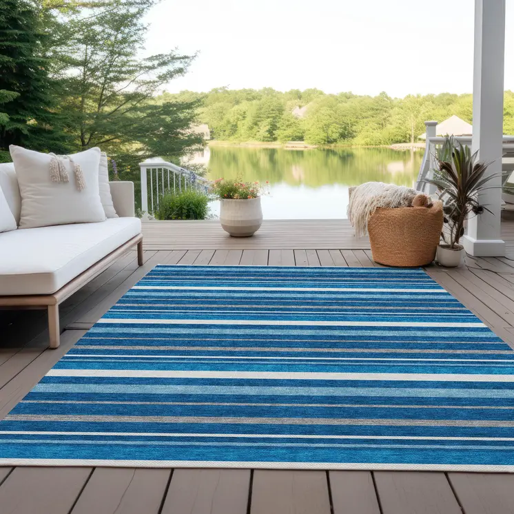 3' X 5' Denim Blue Gray And Ivory Striped Washable Indoor Outdoor Area Rug