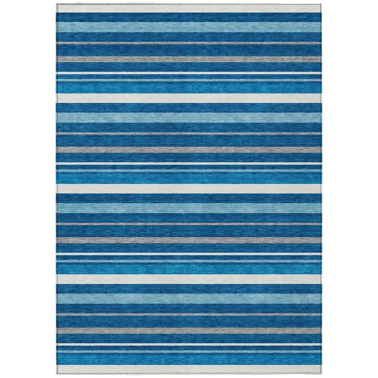 3' X 5' Denim Blue Gray And Ivory Striped Washable Indoor Outdoor Area Rug