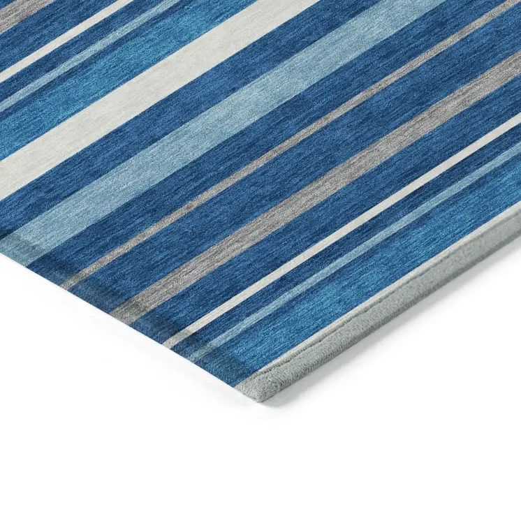 3' X 5' Denim Blue Gray And Ivory Striped Washable Indoor Outdoor Area Rug