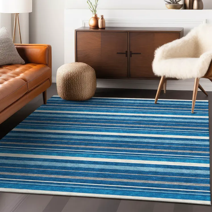 3' X 5' Denim Blue Gray And Ivory Striped Washable Indoor Outdoor Area Rug