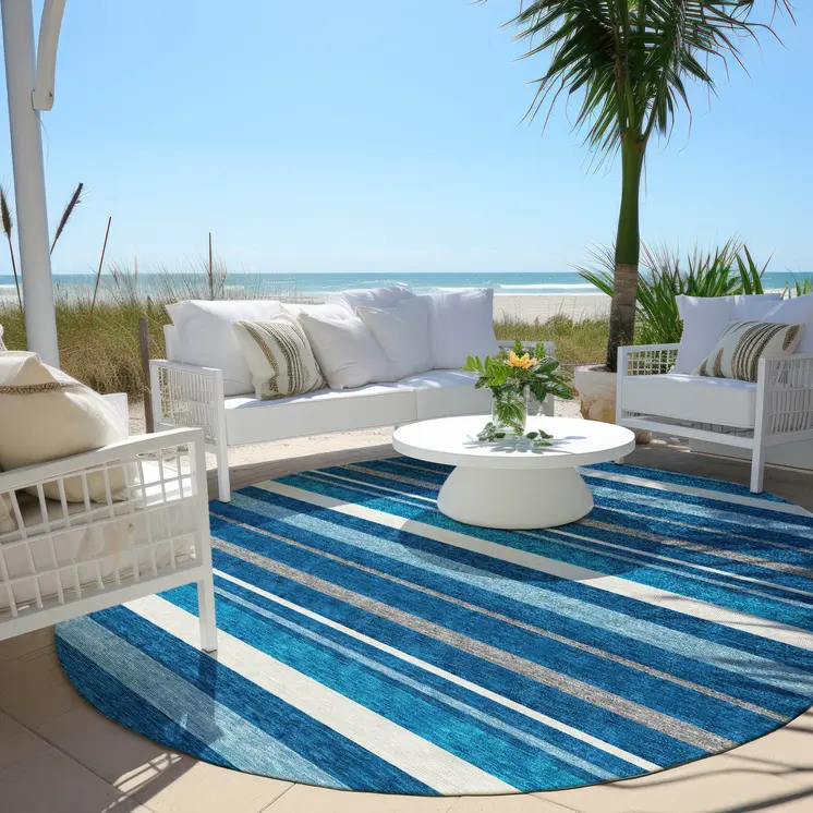 8' Denim Blue Gray And Ivory Round Striped Washable Indoor Outdoor Area Rug