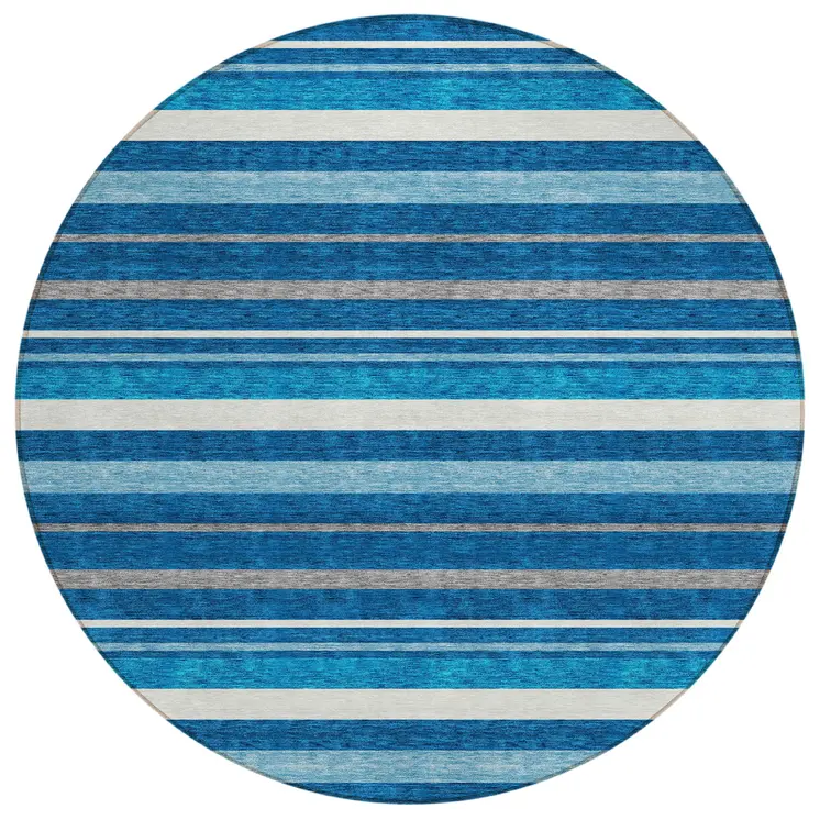 8' Denim Blue Gray And Ivory Round Striped Washable Indoor Outdoor Area Rug