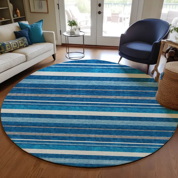 8' Denim Blue Gray And Ivory Round Striped Washable Indoor Outdoor Area Rug