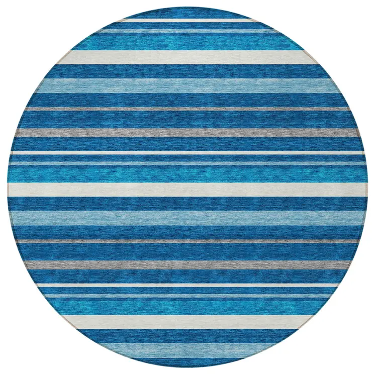 8' Denim Blue Gray And Ivory Round Striped Washable Indoor Outdoor Area Rug