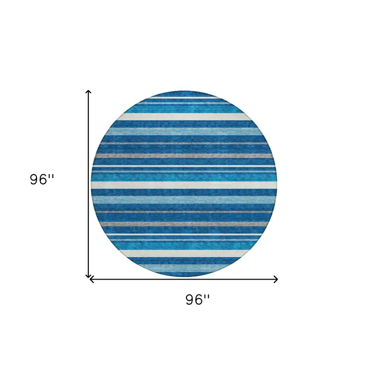 8' Denim Blue Gray And Ivory Round Striped Washable Indoor Outdoor Area Rug