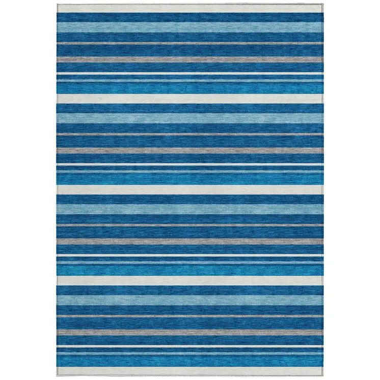 8' X 10' Denim Blue Gray And Ivory Striped Washable Indoor Outdoor Area Rug