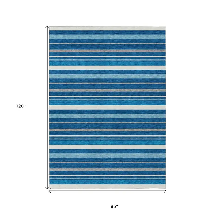8' X 10' Denim Blue Gray And Ivory Striped Washable Indoor Outdoor Area Rug