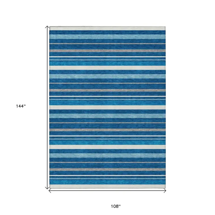 9' X 12' Denim Blue Gray And Ivory Striped Washable Indoor Outdoor Area Rug
