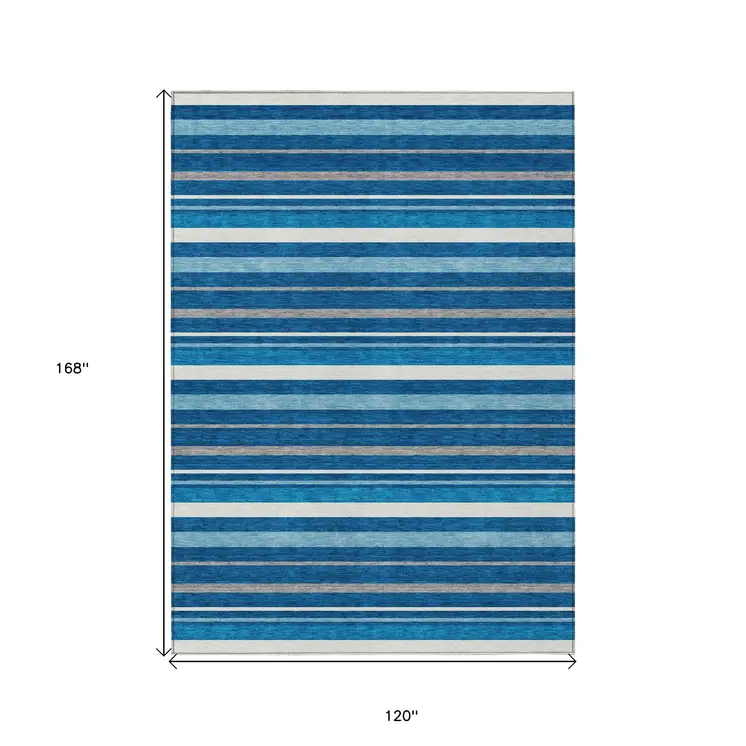 10' X 14' Denim Blue Gray And Ivory Striped Washable Indoor Outdoor Area Rug
