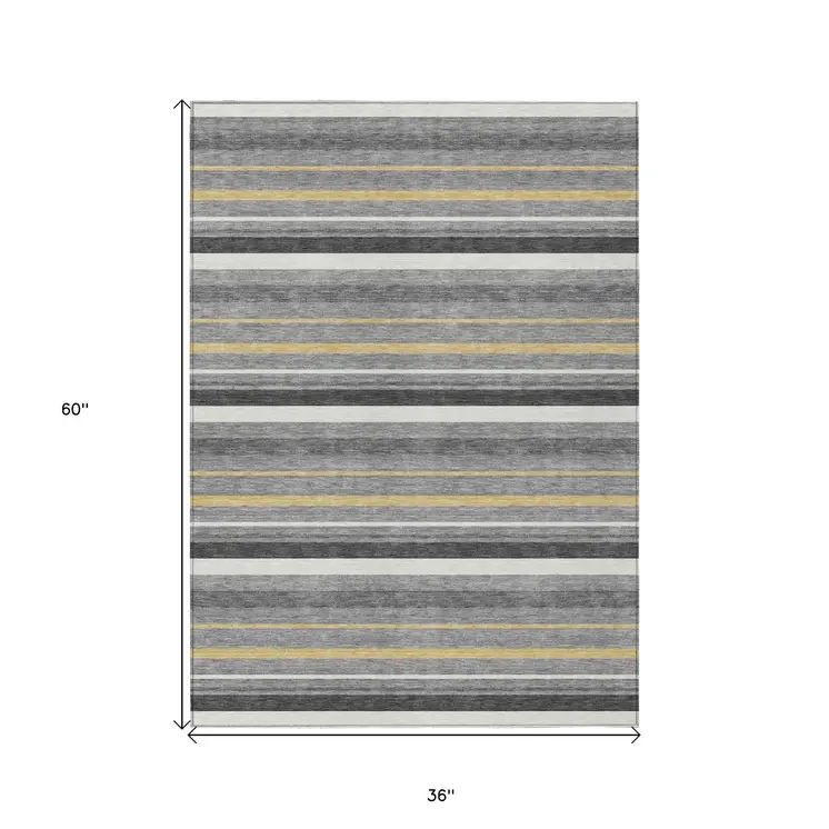 3' X 5' Gray Brown And Ivory Striped Washable Indoor Outdoor Area Rug