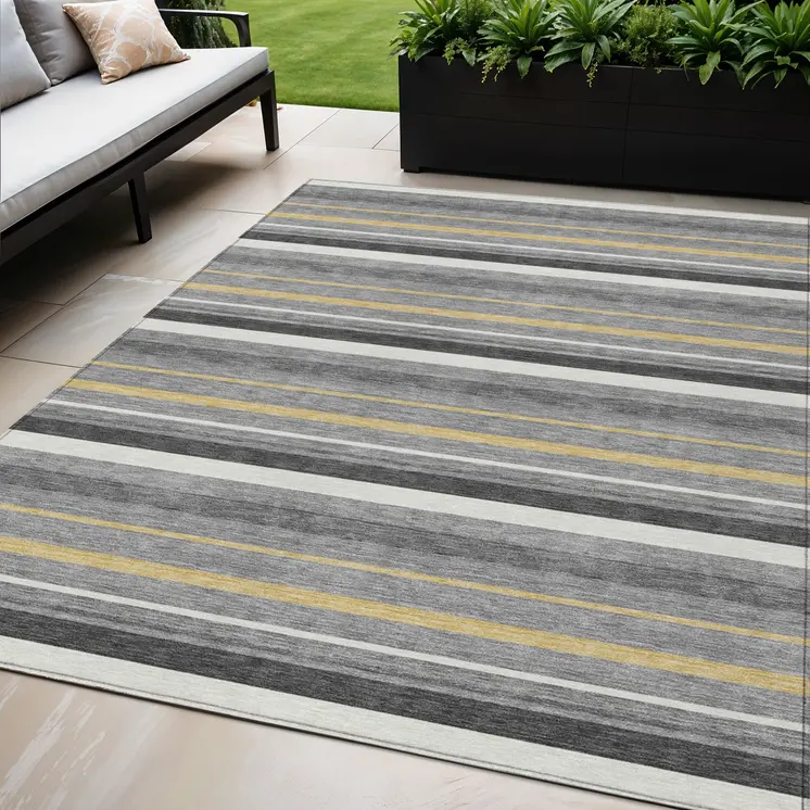 5' X 8' Gray Brown And Ivory Striped Washable Indoor Outdoor Area Rug
