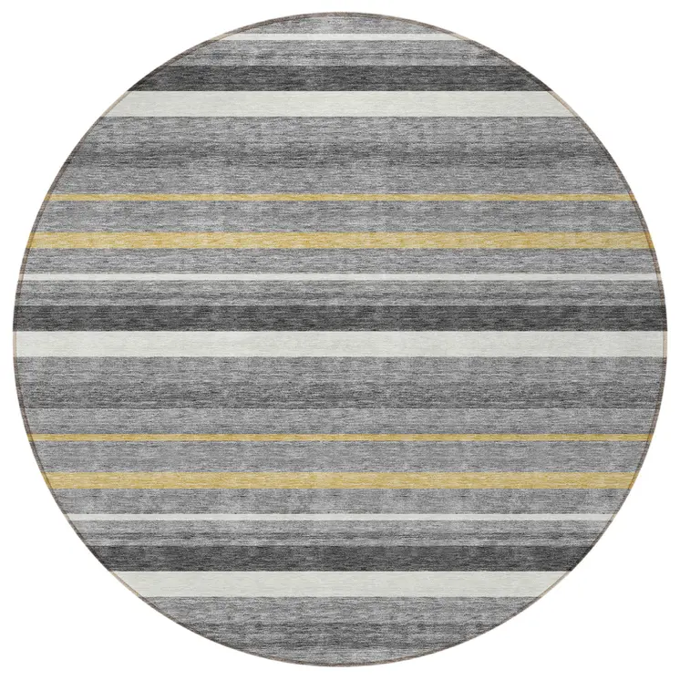 8' Gray Brown And Ivory Round Striped Washable Indoor Outdoor Area Rug