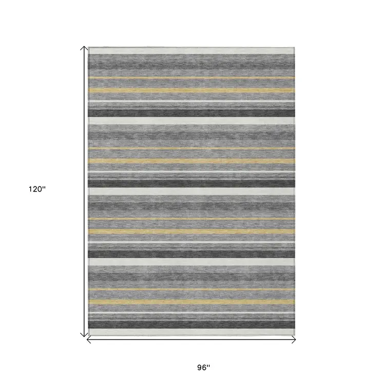 8' X 10' Gray Brown And Ivory Striped Washable Indoor Outdoor Area Rug