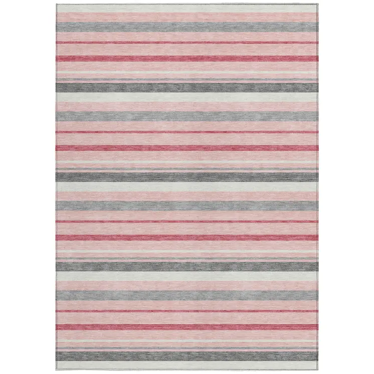 3' X 5' Pink And Gray Striped Washable Indoor Outdoor Area Rug