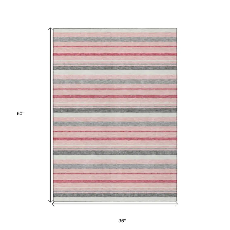 3' X 5' Pink And Gray Striped Washable Indoor Outdoor Area Rug