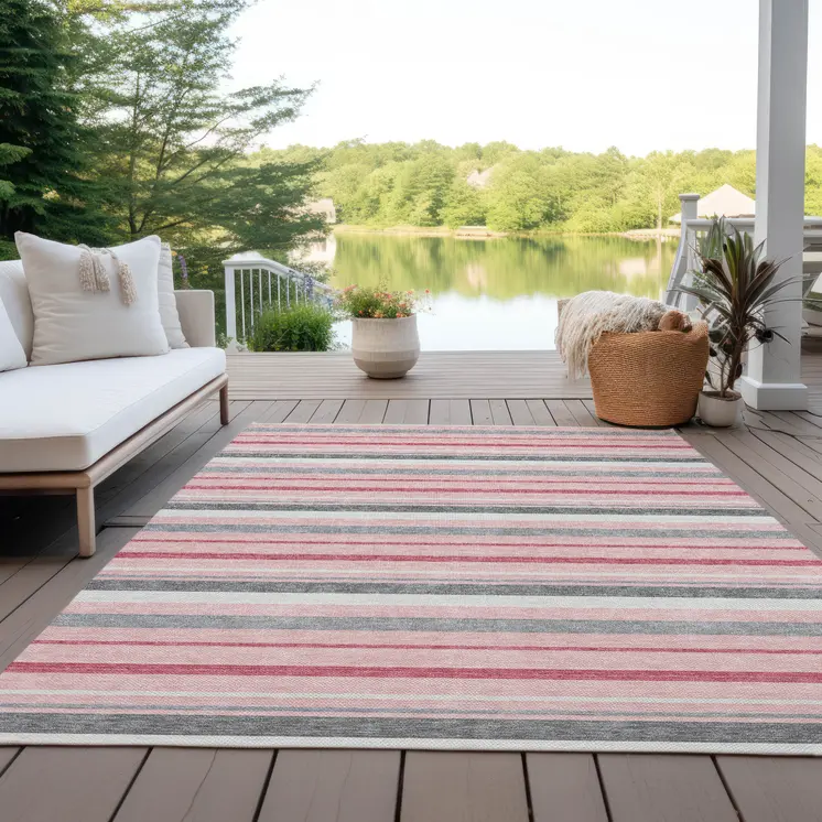 3' X 5' Pink And Gray Striped Washable Indoor Outdoor Area Rug