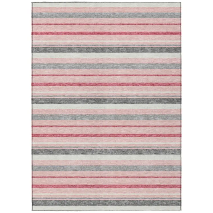 3' X 5' Pink And Gray Striped Washable Indoor Outdoor Area Rug
